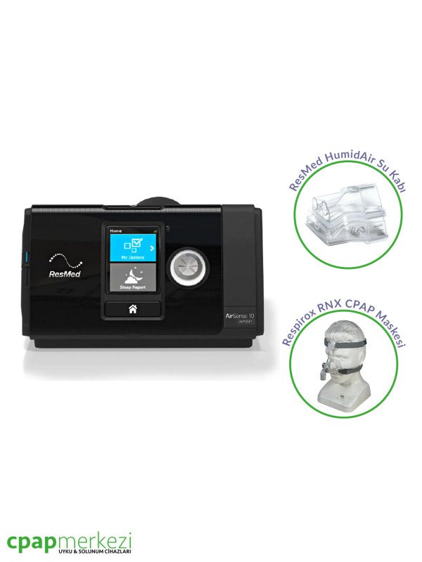 ResMed AirSense 10 AutoSet + ResMed HumidAir Nemlendirici + RNX CPAP Maskesi ResMed AirSense 10 AutoSet + ResMed HumidAir Nemlendirici + RNX CPAP Maskesi